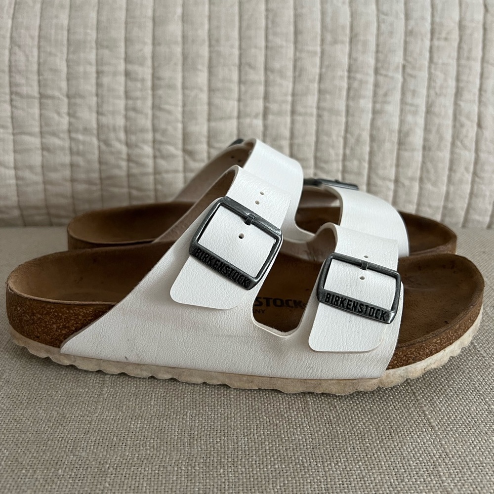 Birkenstocks Arizona Slide Sandals White Silver Buckle 38 - Picture 4 of 8